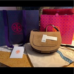 NWT Tory Burch Piper Suede Saddle Large Cross-Body Bag
